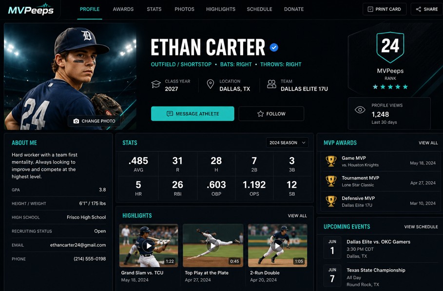 Elite MVPeeps™ athlete profile with photo, stats, awards, highlights, and schedule