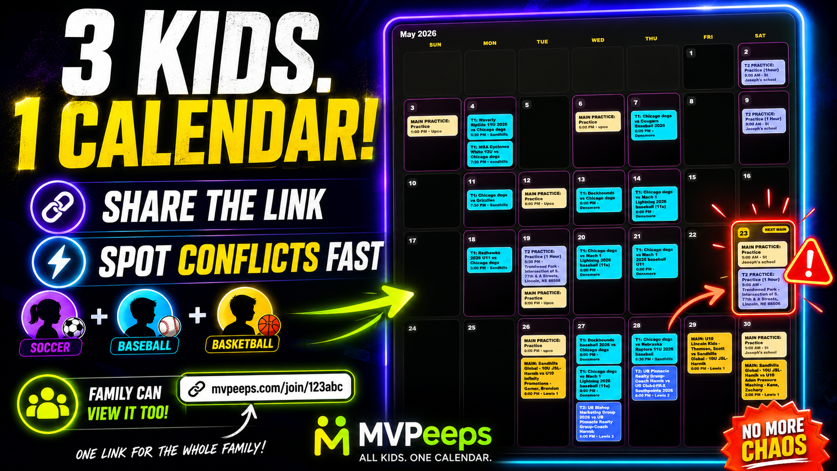 MVPeeps™ shared family sports calendar showing multiple children and team schedules